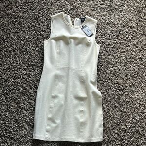 Armani Exchange White Mini Sheath Dress with Mock Neck and Asymmetrical Design
